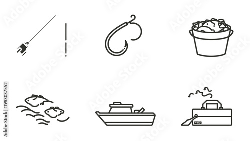Fishing Elements: A collection of minimalist line art illustrations showcasing essential fishing elements, perfect for conveying the core components of the angling experience.