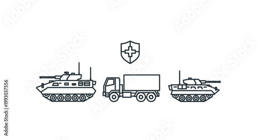 Military vehicles and shield logo.