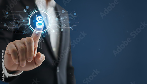 AI chatbot icon appearing on futuristic screen as a finger touches it