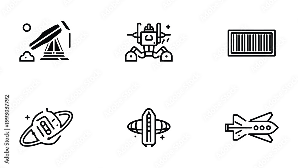 Fototapeta premium Space Icons Set: A collection of six sleek, minimalist icons, including a rocket, a spaceship, a satellite, a robot, a space station, and a cosmic event.