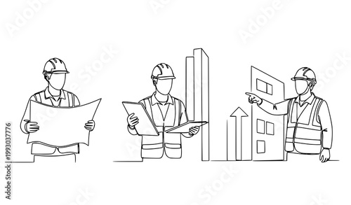 Continuous line drawing set of construction foreman managing building project architecture concept isolated on white background