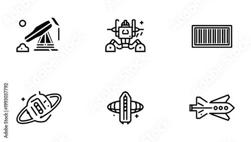 Space Icons Set: A collection of six sleek, minimalist icons, including a rocket, a spaceship, a satellite, a robot, a space station, and a cosmic event.