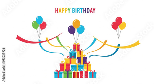 Colorful birthday celebration, gift boxes, balloons and ribbons, happy birthday wishes, vector party decorations
