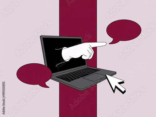 A hand emerges from a laptop screen to engage in conversation with speech bubbles