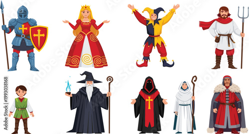 Medieval Fantasy Character Illustration Set Featuring Knights, Wizards, Queens, Jesters, and Royal Figures for Adventure, Fantasy, and Game Design Projects.