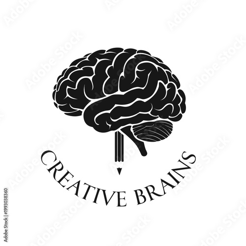 Black brain icon with pencil, creative brains logo, vector illustration, minimalist design