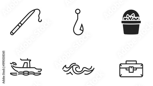 Fishing Icons: A collection of simple line icons related to fishing, fishing hook, fishing rod, a filled bucket, waves icon, boat and box.