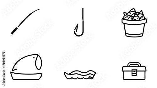 Fishing Essentials: A collection of simple line art illustrations featuring fishing essentials,perfect for fishing and outdoor themed design projects.