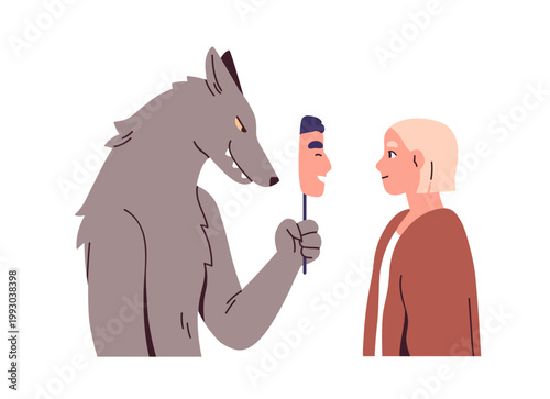 Cheater pretending in love relationship. Bad fake partner hiding, concealing with false mask, cheating. Deception in couple. Psychology concept. Flat vector illustration isolated on white background