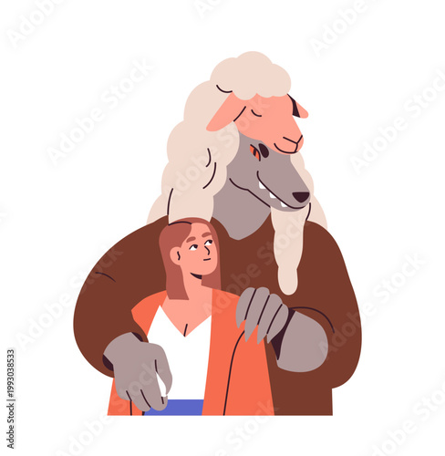 Love couple, fake relationship with trustful victim and lying cheater, partner pretending, concealing and hiding evil. Cheat, deceit concept. Flat vector illustration isolated on white background