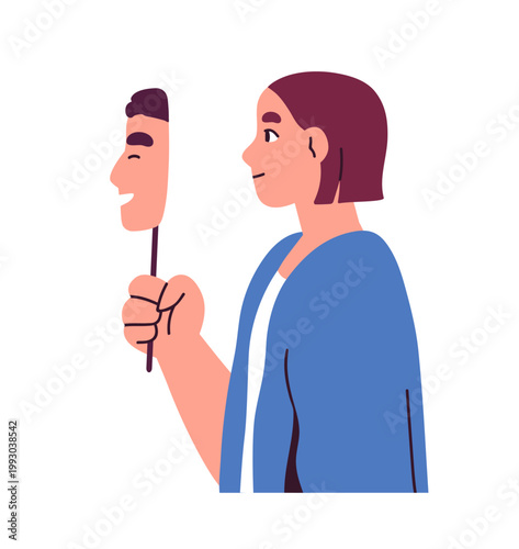 Hiding woman behind male mask. Gender role, self perception and identity, psychology concept. Dual character, trans person identification. Flat vector illustration isolated on white background