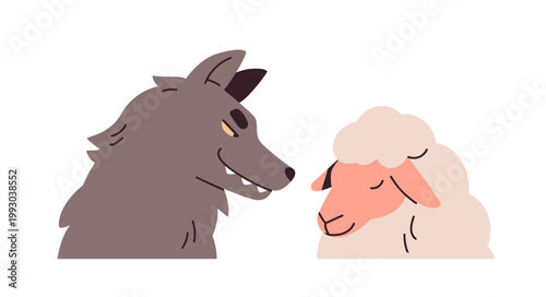 Wold and sheep. Hunter and prey. Predator and victim animal. Beast looking at innocent ewe in danger. Abuser, evil tyrant. Psychology concept. Flat vector illustration isolated on white background
