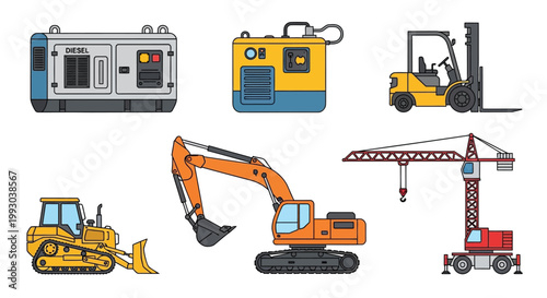 Illustration of heavy machinery generators forklifts excavators and cranes