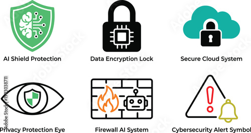Cybersecurity icons illustrating data protection encryption and system security measures for digital safety