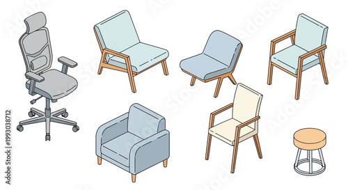 An assortment of office and living room chairs with a stool