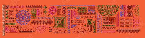 Ethnic tribal geometric doodles, African boho patterns. Abstract folk culture motifs, line drawing elements. Aztec and Mexican geometry, decorative sketches, ornaments. Hand-drawn vector illustration