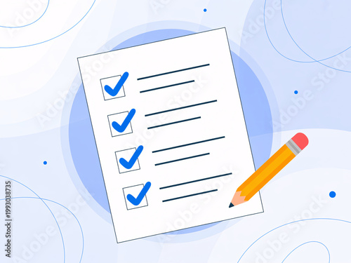 A checklist with blue checkmarks and a yellow pencil on a light blue background with white accents