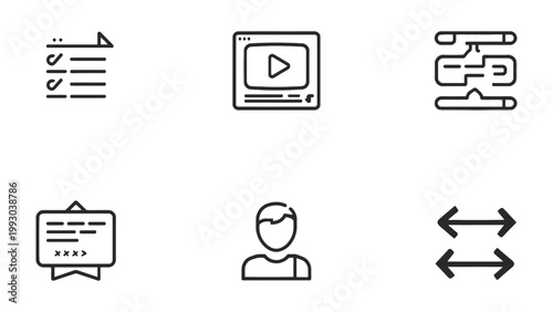 Digital Icons of Information: A collection of simple, black and white digital icons, including document, video, diagram, presentation.