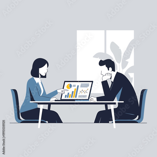 Illustration of a businesswoman and businessman sitting at a desk with laptops in a modern office setting with a minimalist background.