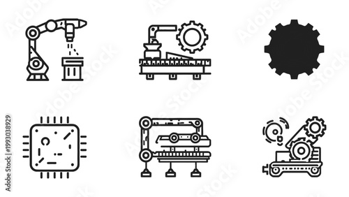Modern Industry Icons: A collection of meticulously crafted, minimalistic icons, each representing different facets of modern industry, production, and technological advancement.