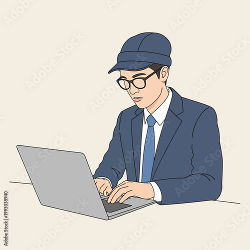 Illustration of a businessman in a blue suit and cap working on a laptop with a neutral beige background.