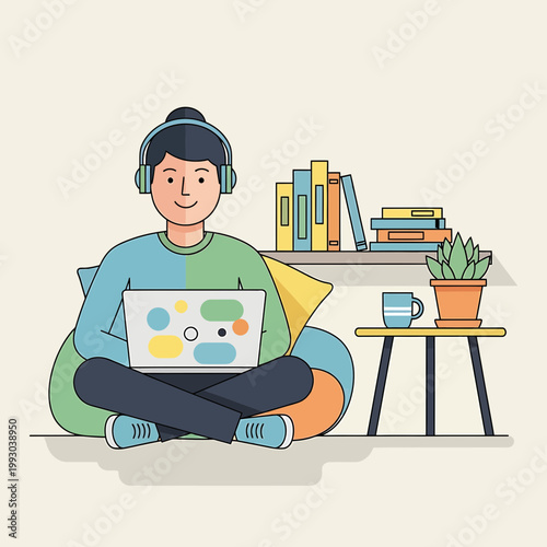 A young woman wearing headphones sits cross-legged on the floor with a laptop on her lap in a cozy home setting with books and a plant nearby.