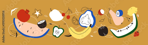 Tropical exotic fruits banner, composition. Healthy vitamin food group, natural sweet nutrition. Modern doodle style watermelon, banana, fresh mango, lemon, pomegranate. Flat vector illustration