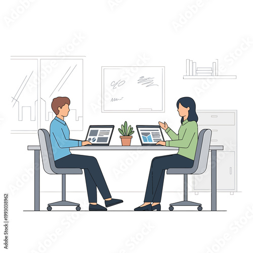 Two colleagues collaborating over laptops in a modern office with a minimalist and productive mood.