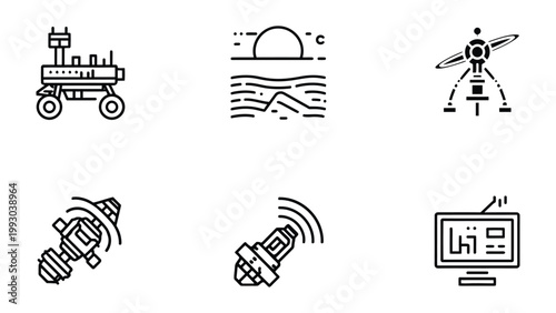 Iconic Space Exploration and Communication Set: A collection of simple, yet bold, icons representing various aspects of space exploration and communication.