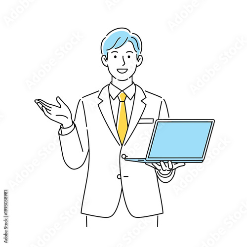 A cheerful businessman in a white suit and yellow tie holding a blank laptop and gesturing with his hand against a clean white background with a professional and approachable mood.