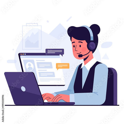 Illustration of a woman wearing a headset working on a laptop with a chat window on the screen in a minimalist setting.