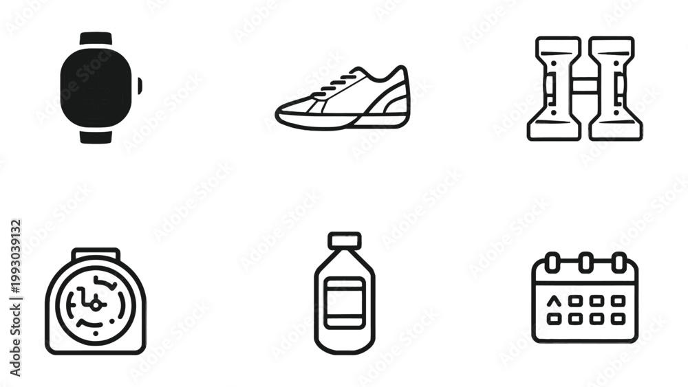 Fototapeta premium Fitness Essentials: A collection of six meticulously designed line art icons presents a set of fitness essentials, including a smartwatch, athletic shoe, dumbbells, alarm clock, water bottle.