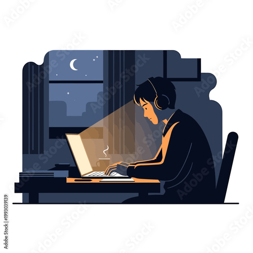 Illustration of a person wearing headphones working on a laptop at night with a cityscape outside the window.