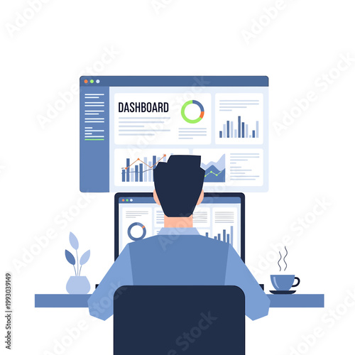 Illustration of a man sitting at a desk working on a computer with a dashboard on the screen and a cup of coffee on the side.