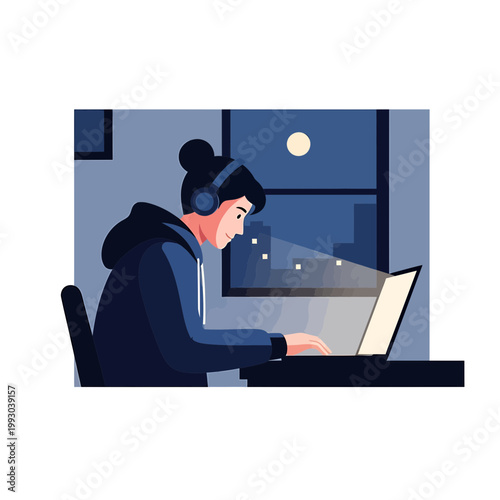 Illustration of a person wearing headphones working on a laptop at night by a window with a moonlit view outside.