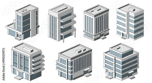 Isometric illustration of various modern city buildings and architectural structures