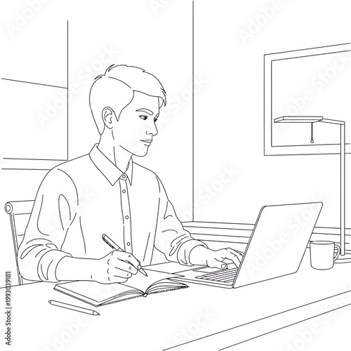 A man sits at a desk working on a laptop with an open book and pen in a simple line drawing office setting.