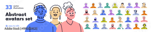 Colored abstract face avatars, diverse people set. Head portraits of happy smiling men and women characters, drawn user profiles in modern style. Flat vector illustration isolated on white background