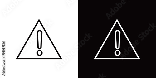 三角形に囲まれた感嘆符のラインアイコン。白い線と黒い線のモノクロベクターイラスト