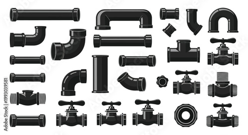 Collection of black plumbing pipes fittings and valves isolated on white