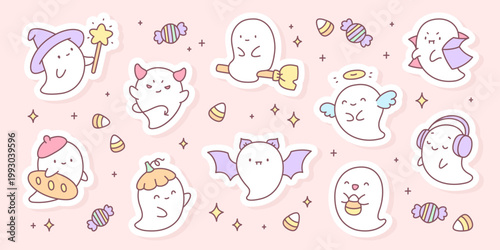 Cute ghost sticker set with halloween characters and sweets. Collection of funny spooky spirits in different costumes with candies and playful details in soft pastel colors creating festive mood. 