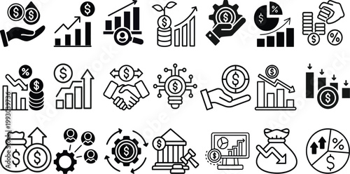 Financial growth and investment icons depicting money charts hands and business concepts high-quality professional detailed