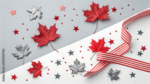 Red and silver maple leaves with stars and ribbon on white and gray background for Canada day celebration decoration ideas transparent background