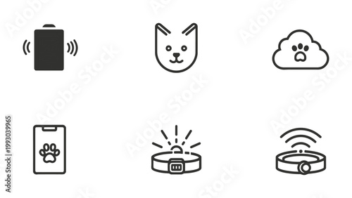 Pet Technology Icon Set: A collection of modern icons related to pet technology. Featuring a smartphone, cat, paw prints, smart collar, pet tracker, and more, all rendered in a clean.