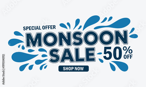 Monsoon sale banner with 50 percent off, vactor illustration