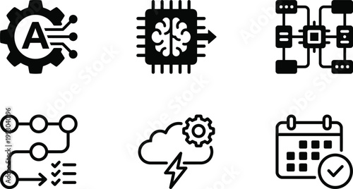 Artificial intelligence and machine learning icons a collection representing technological advancement and data processing