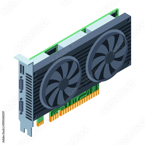 3D isometric video graphic card. Video graphics card for cryptocurrency mining or gaming. GPU graphic card illustration. Personal computer hardware components