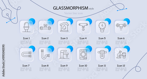 Plumbing sanitation bathroom equipment set icon. Line symbols with toilet bowl, pipeline valve connector, house water filter drop, pipe joint drip, pressure gauge meter, pipe coupling