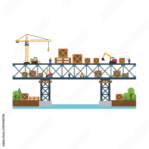 This vector illustration depicts a busy bridge construction site featuring tiny workers, heavy machinery, and various cargo crates over a river.
