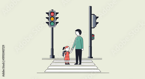 Father and daughter holding hands at crosswalk with traffic lights, safety concept